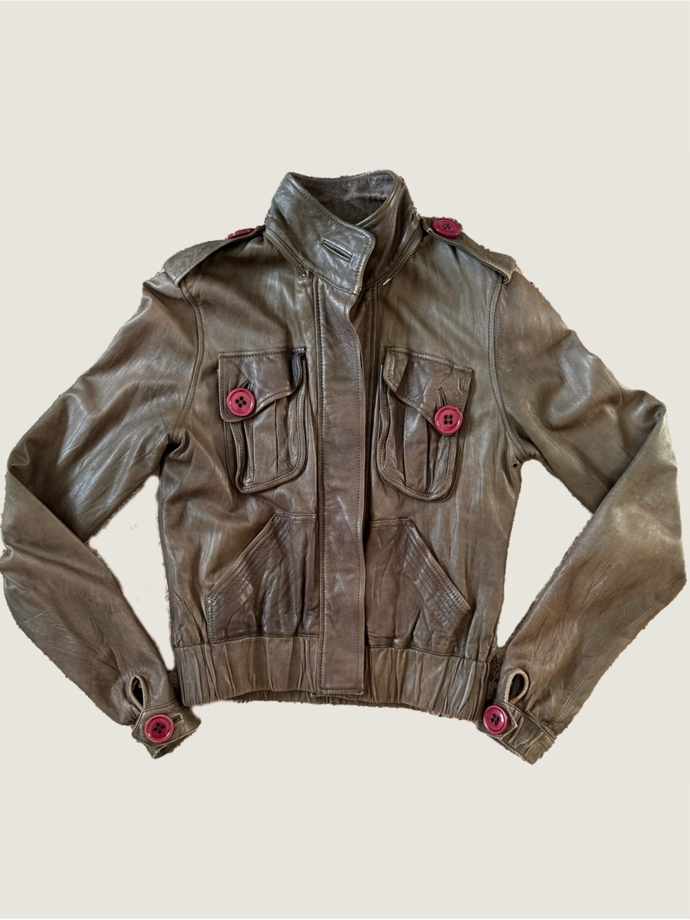 Mike & Chris Lambskin Leather Moto Jacket in Olive Green Size Small